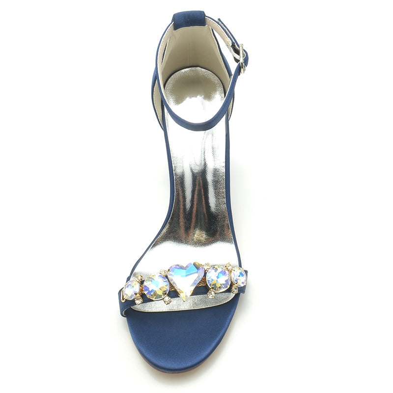 Women's Wedding Shoes Block Heel Opened Toe Buckle Bridal Shoes with Luxurious Crystal