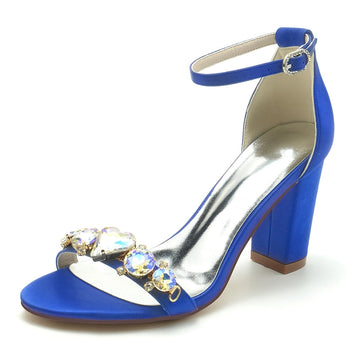 Women's Wedding Shoes Block Heel Opened Toe Buckle Bridal Shoes with Luxurious Crystal