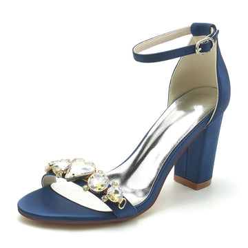 Women's Wedding Shoes Block Heel Opened Toe Buckle Bridal Shoes with Luxurious Crystal