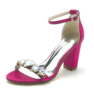 Women's Wedding Shoes Block Heel Opened Toe Buckle Bridal Shoes with Luxurious Crystal