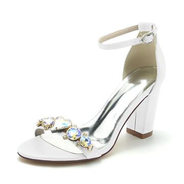 Women's Wedding Shoes Block Heel Opened Toe Buckle Bridal Shoes with Luxurious Crystal