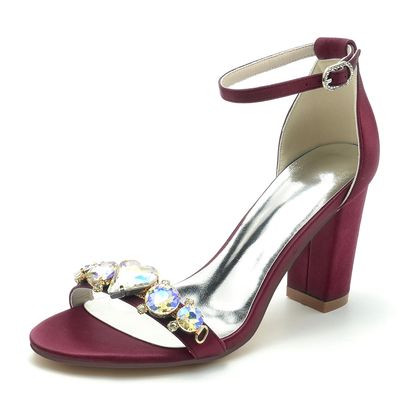 Women's Wedding Shoes Block Heel Opened Toe Buckle Bridal Shoes with Luxurious Crystal