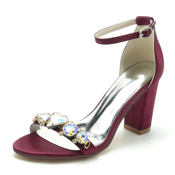 Women's Wedding Shoes Block Heel Opened Toe Buckle Bridal Shoes with Luxurious Crystal