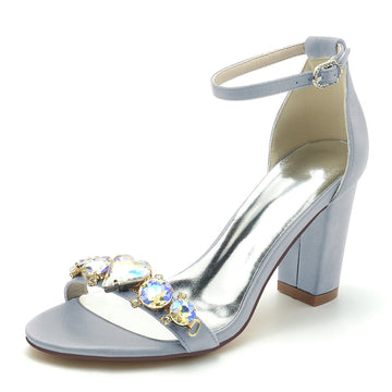 Women's Wedding Shoes Block Heel Opened Toe Buckle Bridal Shoes with Luxurious Crystal
