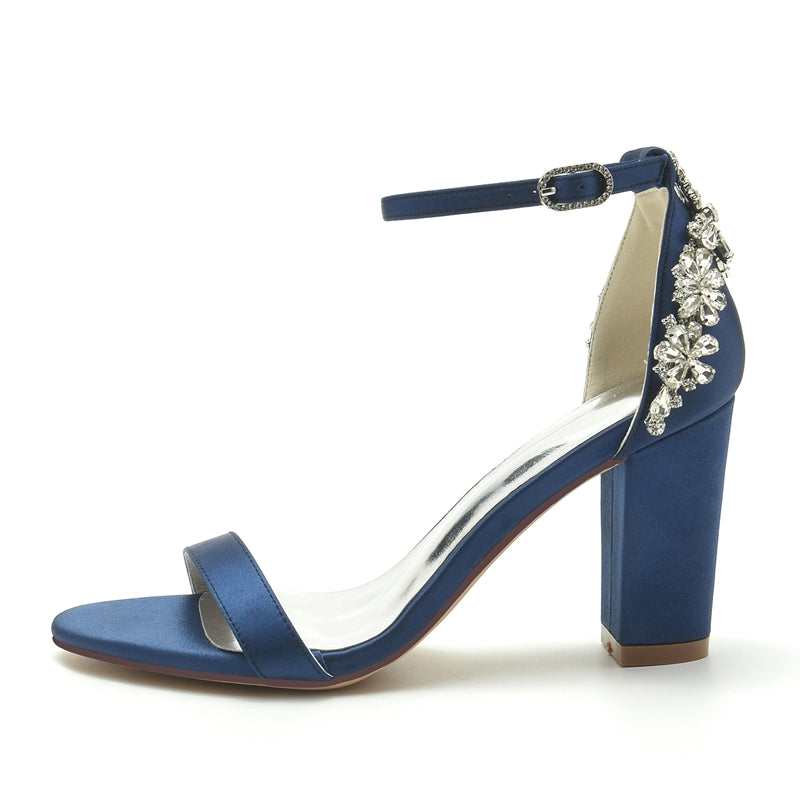 Women's Wedding Shoes Opened Toe Chunky Heel Buckle Bridal Shoes with Patterned Crystal