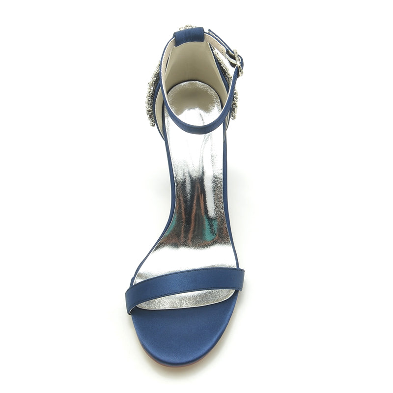 Women's Wedding Shoes Opened Toe Chunky Heel Buckle Bridal Shoes with Patterned Crystal