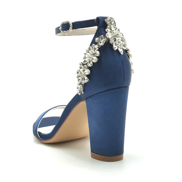 Women's Wedding Shoes Opened Toe Chunky Heel Buckle Bridal Shoes with Patterned Crystal