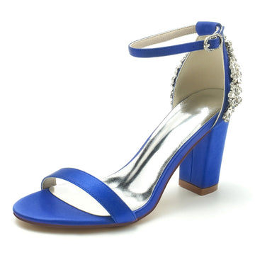 Women's Wedding Shoes Opened Toe Chunky Heel Buckle Bridal Shoes with Patterned Crystal