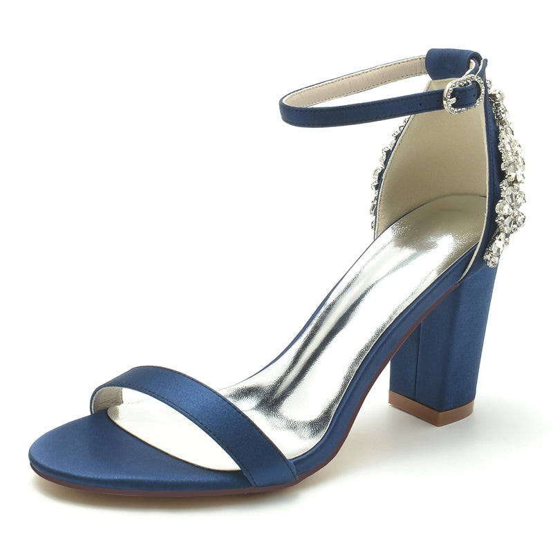 Women's Wedding Shoes Opened Toe Chunky Heel Buckle Bridal Shoes with Patterned Crystal
