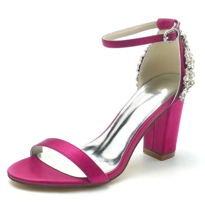Women's Wedding Shoes Opened Toe Chunky Heel Buckle Bridal Shoes with Patterned Crystal