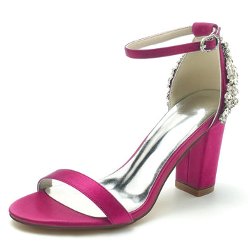 Women's Wedding Shoes Opened Toe Chunky Heel Buckle Bridal Shoes with Patterned Crystal