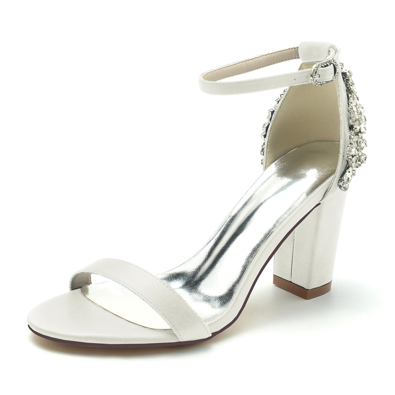 Women's Wedding Shoes Opened Toe Chunky Heel Buckle Bridal Shoes with Patterned Crystal