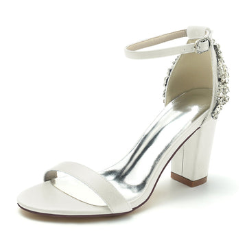 Women's Wedding Shoes Opened Toe Chunky Heel Buckle Bridal Shoes with Patterned Crystal