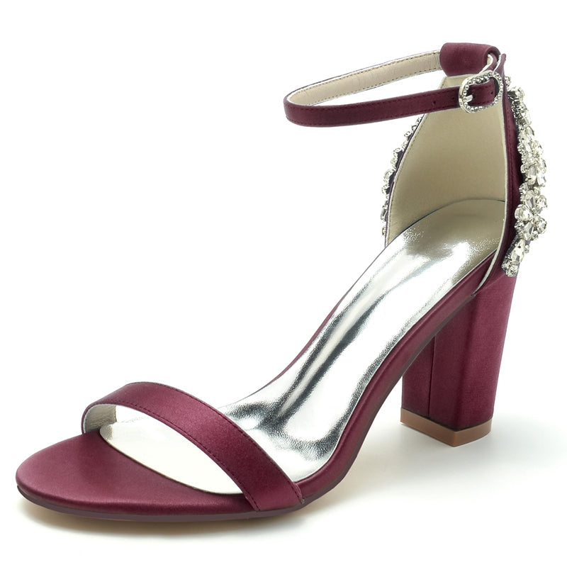 Women's Wedding Shoes Opened Toe Chunky Heel Buckle Bridal Shoes with Patterned Crystal