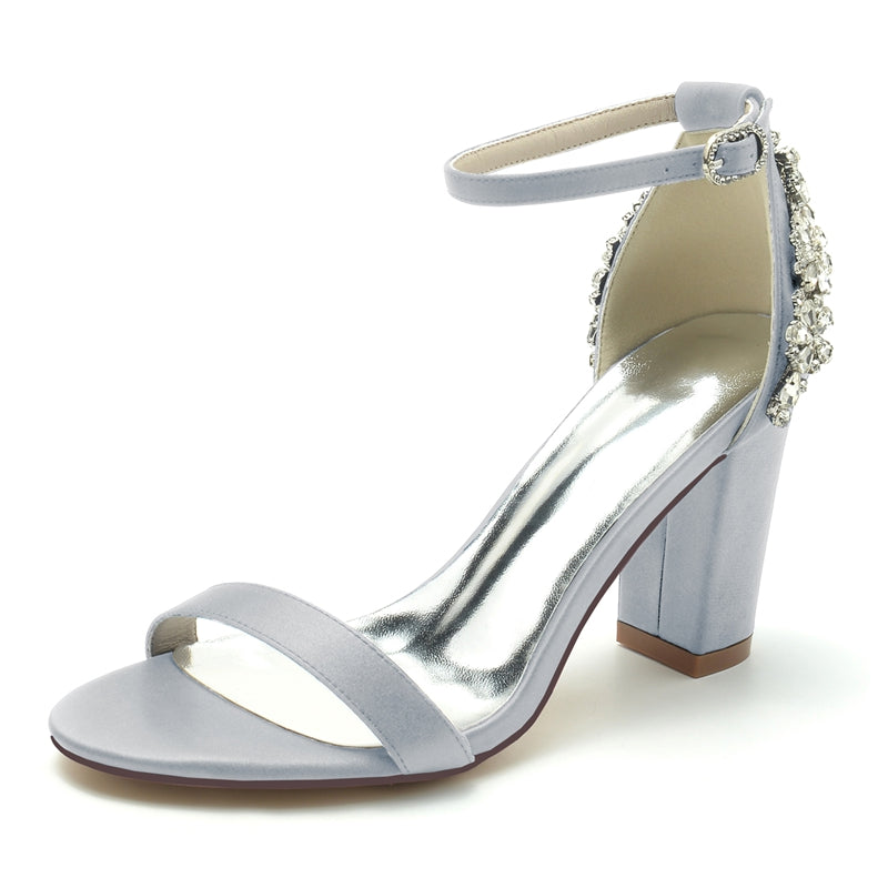Women's Wedding Shoes Opened Toe Chunky Heel Buckle Bridal Shoes with Patterned Crystal
