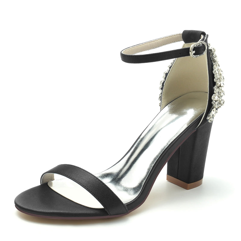 Women's Wedding Shoes Opened Toe Chunky Heel Buckle Bridal Shoes with Patterned Crystal
