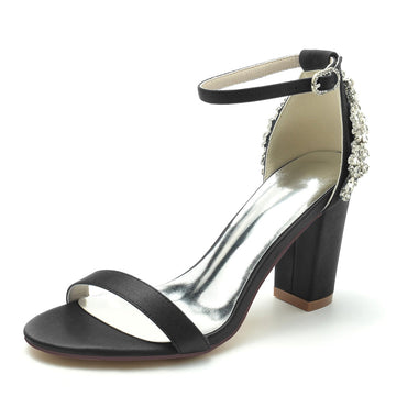 Women's Wedding Shoes Opened Toe Chunky Heel Buckle Bridal Shoes with Patterned Crystal