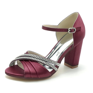 Women's Wedding Shoes Double Row Rhinestones Opened Toe High Heel Buckle Bridal Shoes
