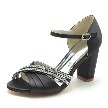 Women's Wedding Shoes Double Row Rhinestones Opened Toe High Heel Buckle Bridal Shoes