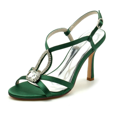 Women's Wedding Shoes High Heel Opened Toe Square Rhinestone Straps Buckle Bridal Shoes