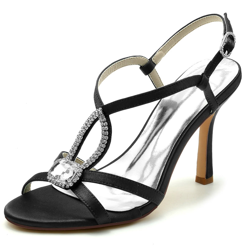 Women's Wedding Shoes High Heel Opened Toe Square Rhinestone Straps Buckle Bridal Shoes