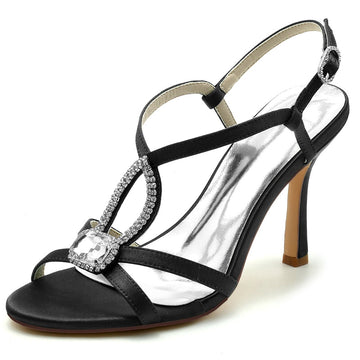 Women's Wedding Shoes High Heel Opened Toe Square Rhinestone Straps Buckle Bridal Shoes