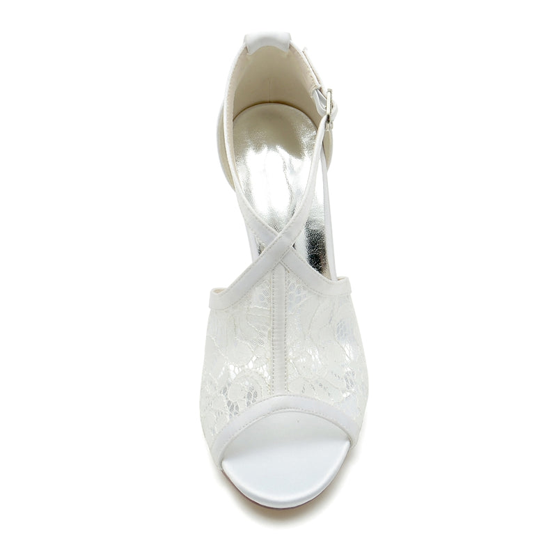 Women's Wedding Shoes Peep Toe Lace Enclosed Heel Buckle Bridal Shoes