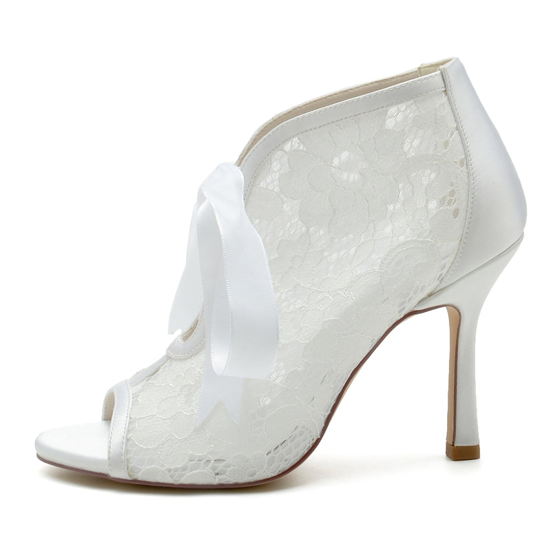 Women's Wedding Shoes Lace Stiletto Heel Peep Toe Bridal Shoes with Bow Straps