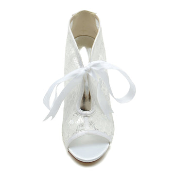 Women's Wedding Shoes Lace Stiletto Heel Peep Toe Bridal Shoes with Bow Straps