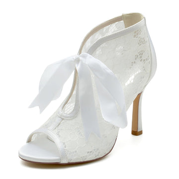 Women's Wedding Shoes Lace Stiletto Heel Peep Toe Bridal Shoes with Bow Straps