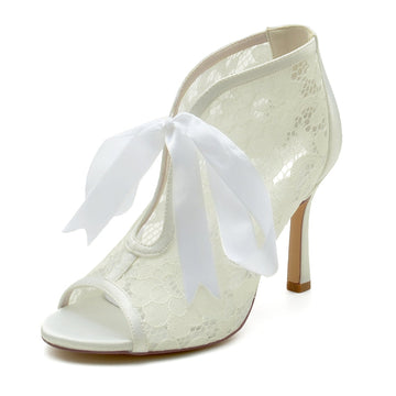 Women's Wedding Shoes Lace Stiletto Heel Peep Toe Bridal Shoes with Bow Straps