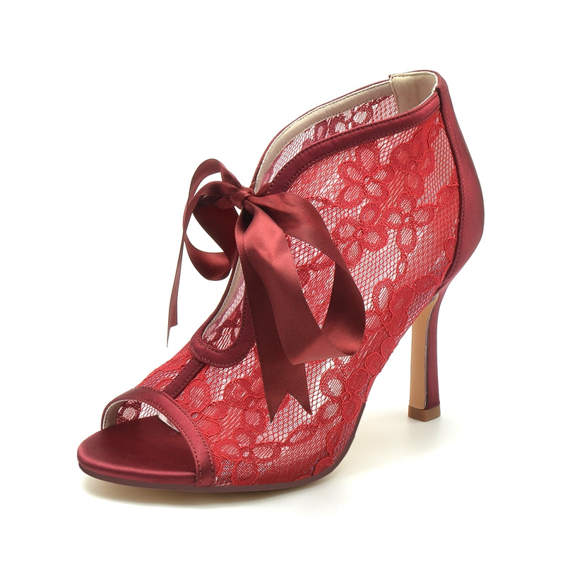 Women's Wedding Shoes Lace Stiletto Heel Peep Toe Bridal Shoes with Bow Straps