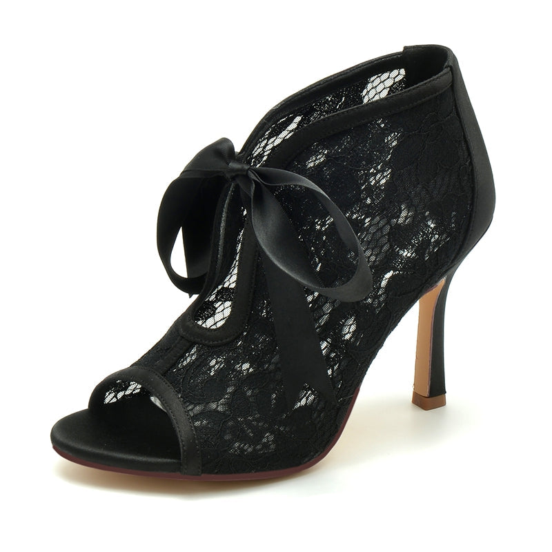 Women's Wedding Shoes Lace Stiletto Heel Peep Toe Bridal Shoes with Bow Straps