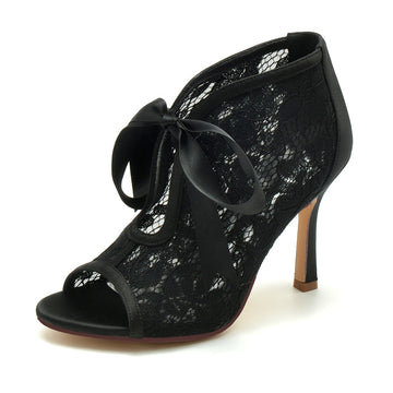 Women's Wedding Shoes Lace Stiletto Heel Peep Toe Bridal Shoes with Bow Straps