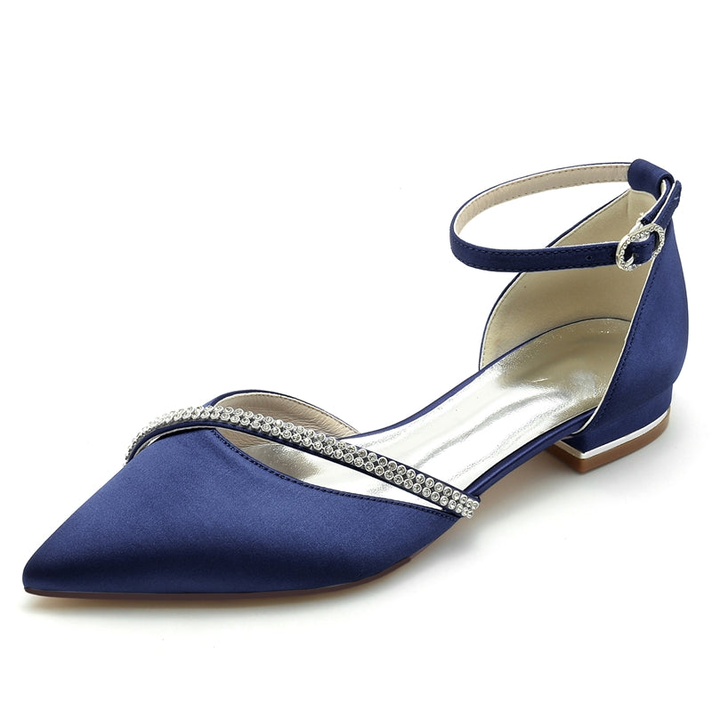 Women's Wedding Shoes Pointed Toe Low Heel Buckle Bridal Shoes with Crystal Straps