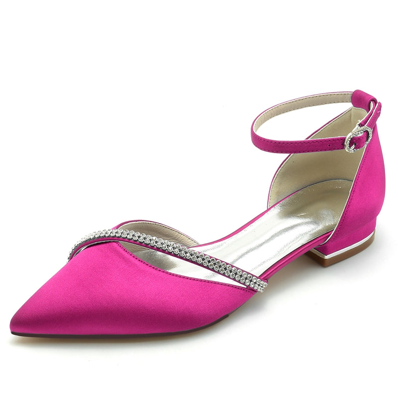 Women's Wedding Shoes Pointed Toe Low Heel Buckle Bridal Shoes with Crystal Straps