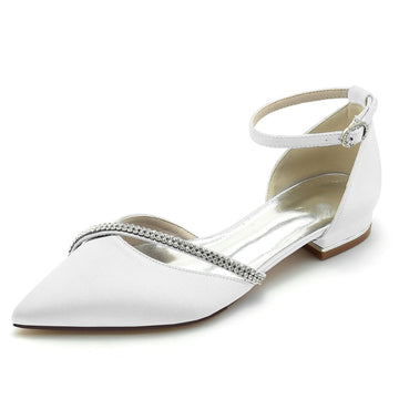 Women's Wedding Shoes Pointed Toe Low Heel Buckle Bridal Shoes with Crystal Straps