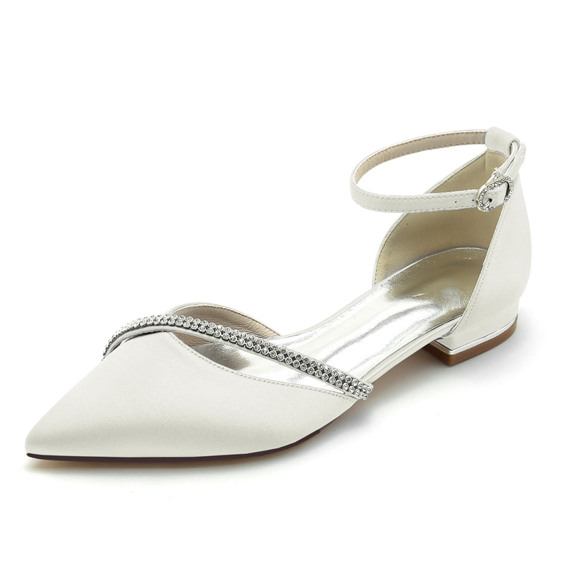 Women's Wedding Shoes Pointed Toe Low Heel Buckle Bridal Shoes with Crystal Straps