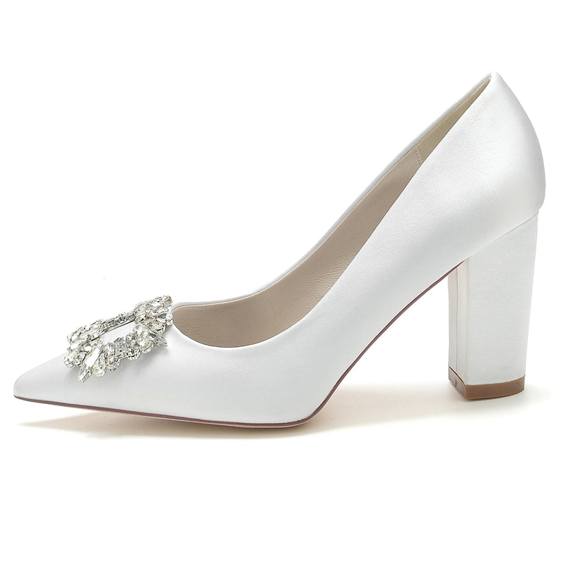 Women's Wedding Shoes Block Heel Pointed Toe Bridal Shoes with Square Rhinestones