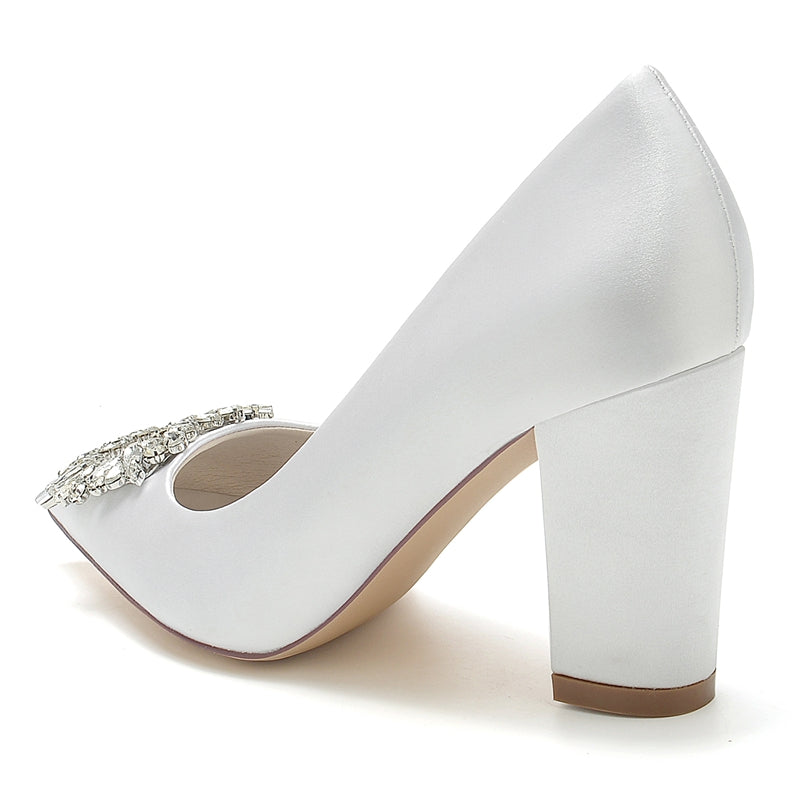 Women's Wedding Shoes Block Heel Pointed Toe Bridal Shoes with Square Rhinestones