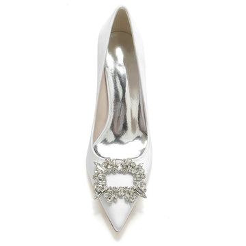Women's Wedding Shoes Block Heel Pointed Toe Bridal Shoes with Square Rhinestones