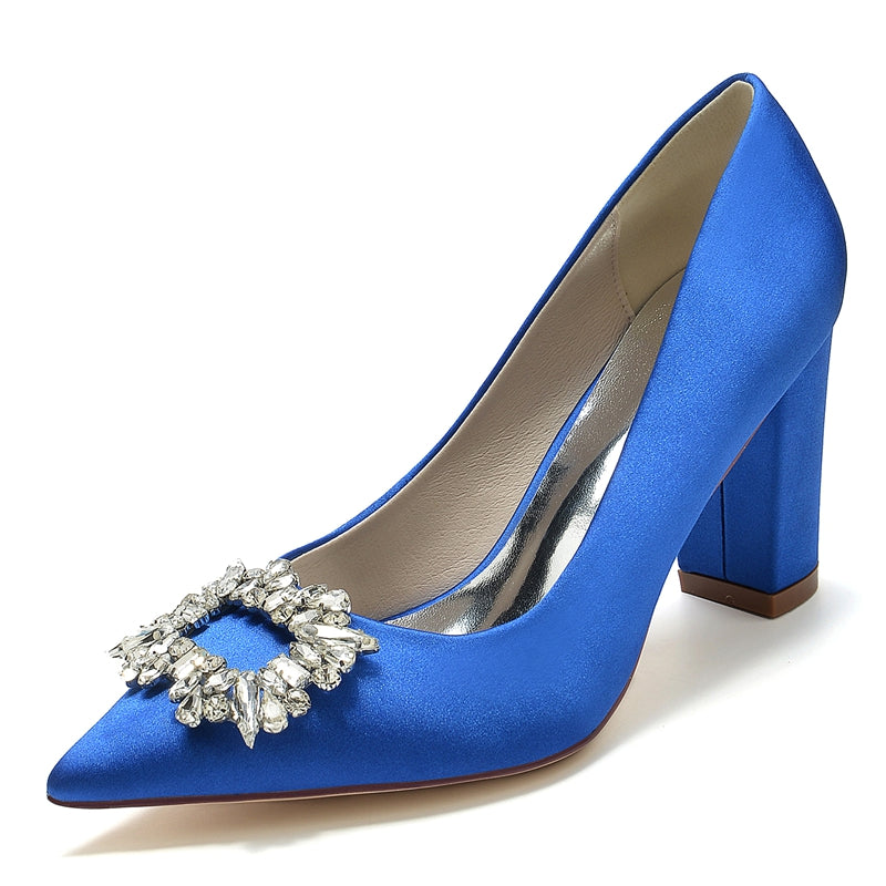 Women's Wedding Shoes Block Heel Pointed Toe Bridal Shoes with Square Rhinestones