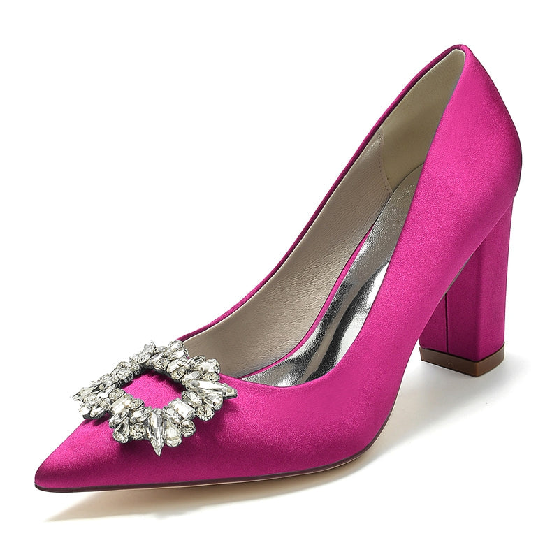 Women's Wedding Shoes Block Heel Pointed Toe Bridal Shoes with Square Rhinestones