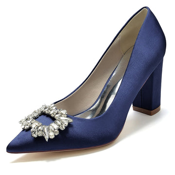 Women's Wedding Shoes Block Heel Pointed Toe Bridal Shoes with Square Rhinestones