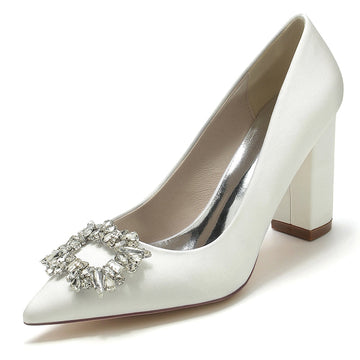 Women's Wedding Shoes Block Heel Pointed Toe Bridal Shoes with Square Rhinestones