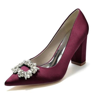 Women's Wedding Shoes Block Heel Pointed Toe Bridal Shoes with Square Rhinestones