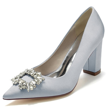 Women's Wedding Shoes Block Heel Pointed Toe Bridal Shoes with Square Rhinestones