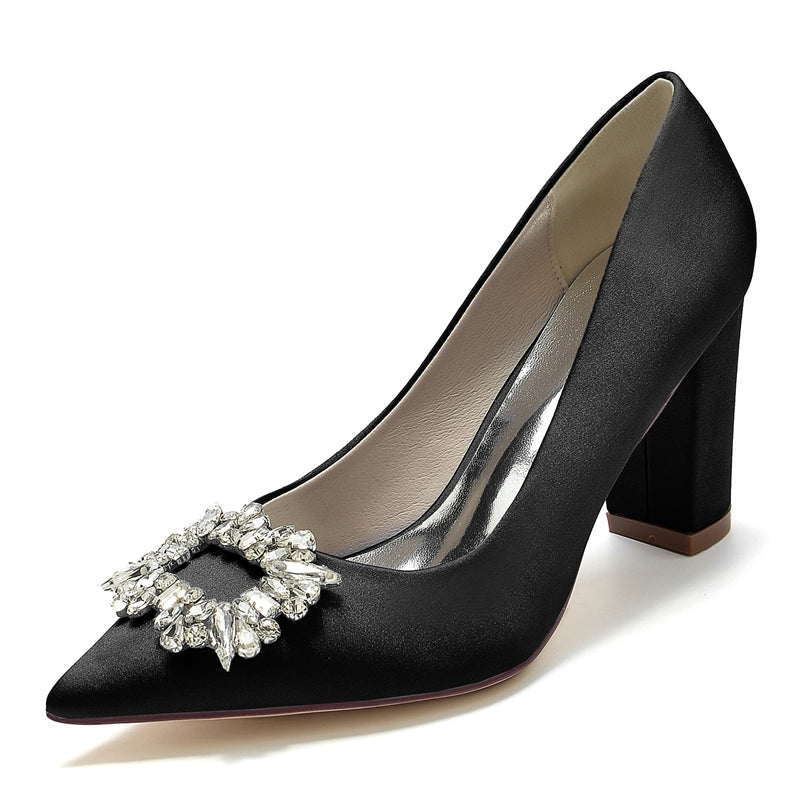 Women's Wedding Shoes Block Heel Pointed Toe Bridal Shoes with Square Rhinestones