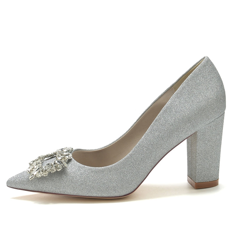 Women's Wedding Shoes Pointed Toe High Heel Elegant Bridal Shoes with Square Rhinestone