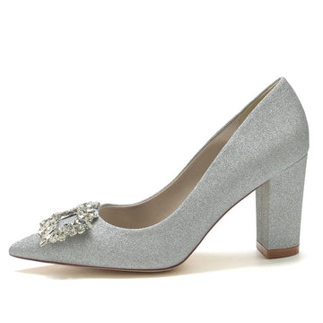 Women's Wedding Shoes Pointed Toe High Heel Elegant Bridal Shoes with Square Rhinestone